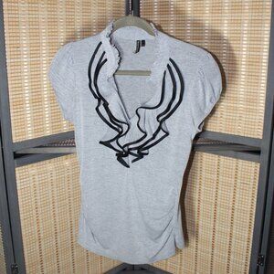 HeartSoul Black & White Cap Sleeve Shirred Blouse with Keyhole Front